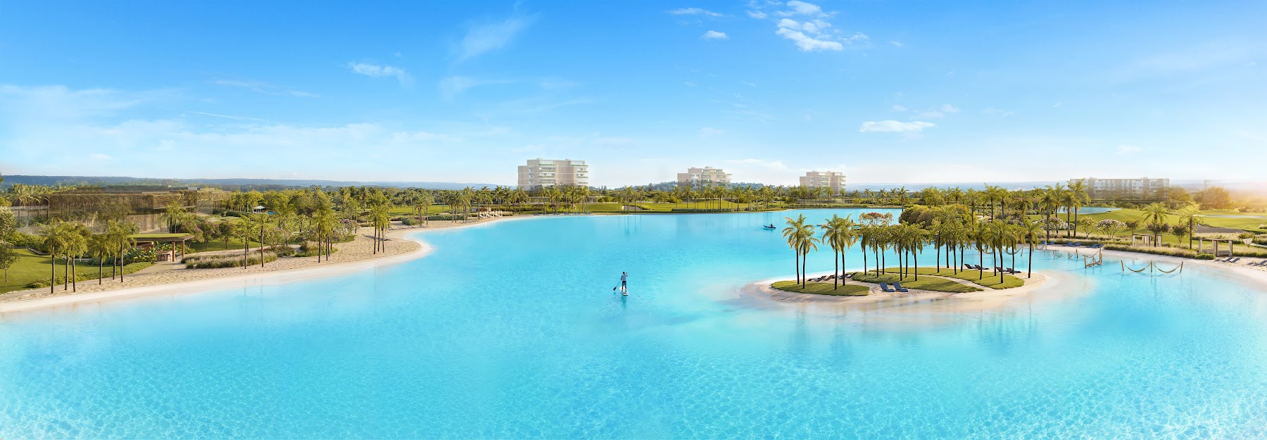 Panorâmica da lagoa com as torres Vista Riviera ao fundo